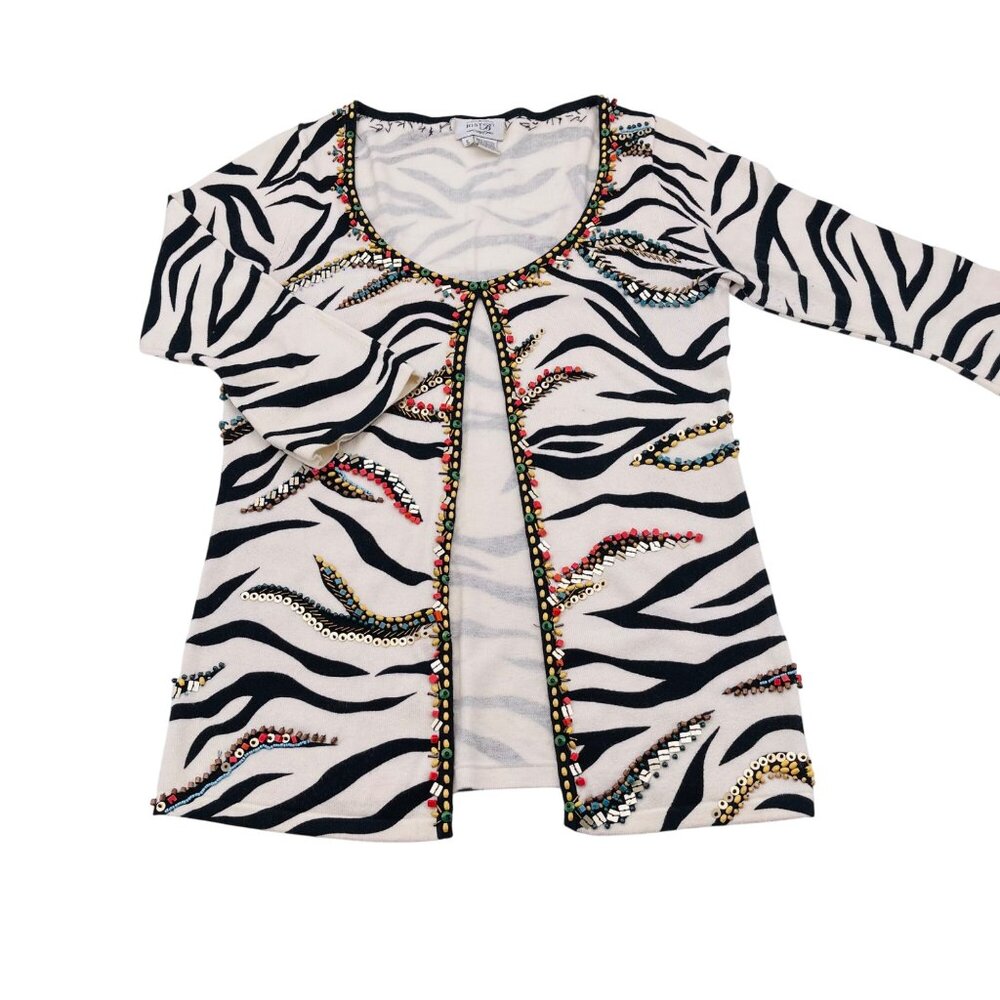 Zebra Print 3/4 Sleeve‎ Cardigan Sweater With Beaded Trim Just B Size Small